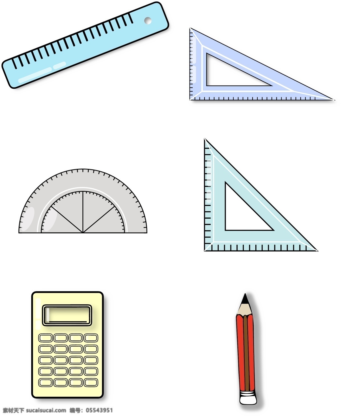 彩色 平面 学习 工具集 合 学习工具集合 铅笔 直尺 计算机 直角板