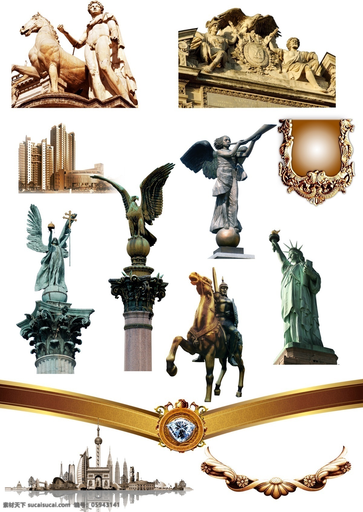欧式建筑雕像 雕像抠图元素 自由女神 美国欧式雕像 骑马雕像 大卫雕像 天使雕像 欧式花纹 欧式风格 建筑物 美女雕像 小素材