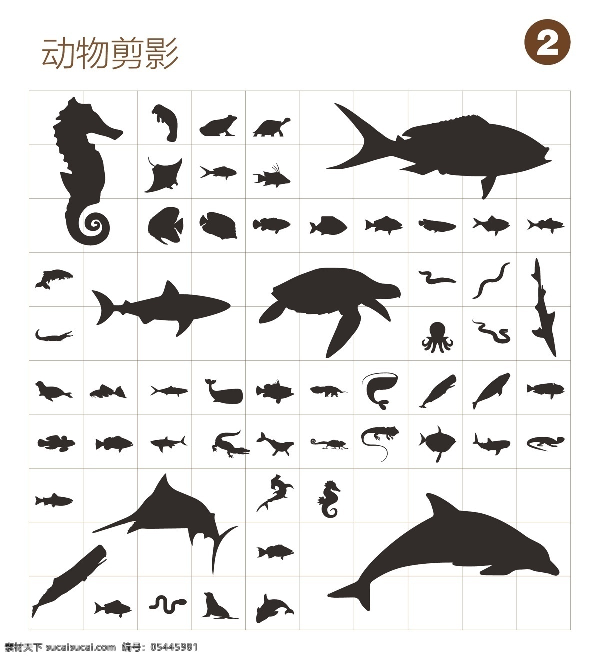 矢量鱼类剪影 海马 海鲜 海狮 海豚 剑鱼 鲸鱼 热带鱼 海蛇 鱼 图标 标志图标 其他图标
