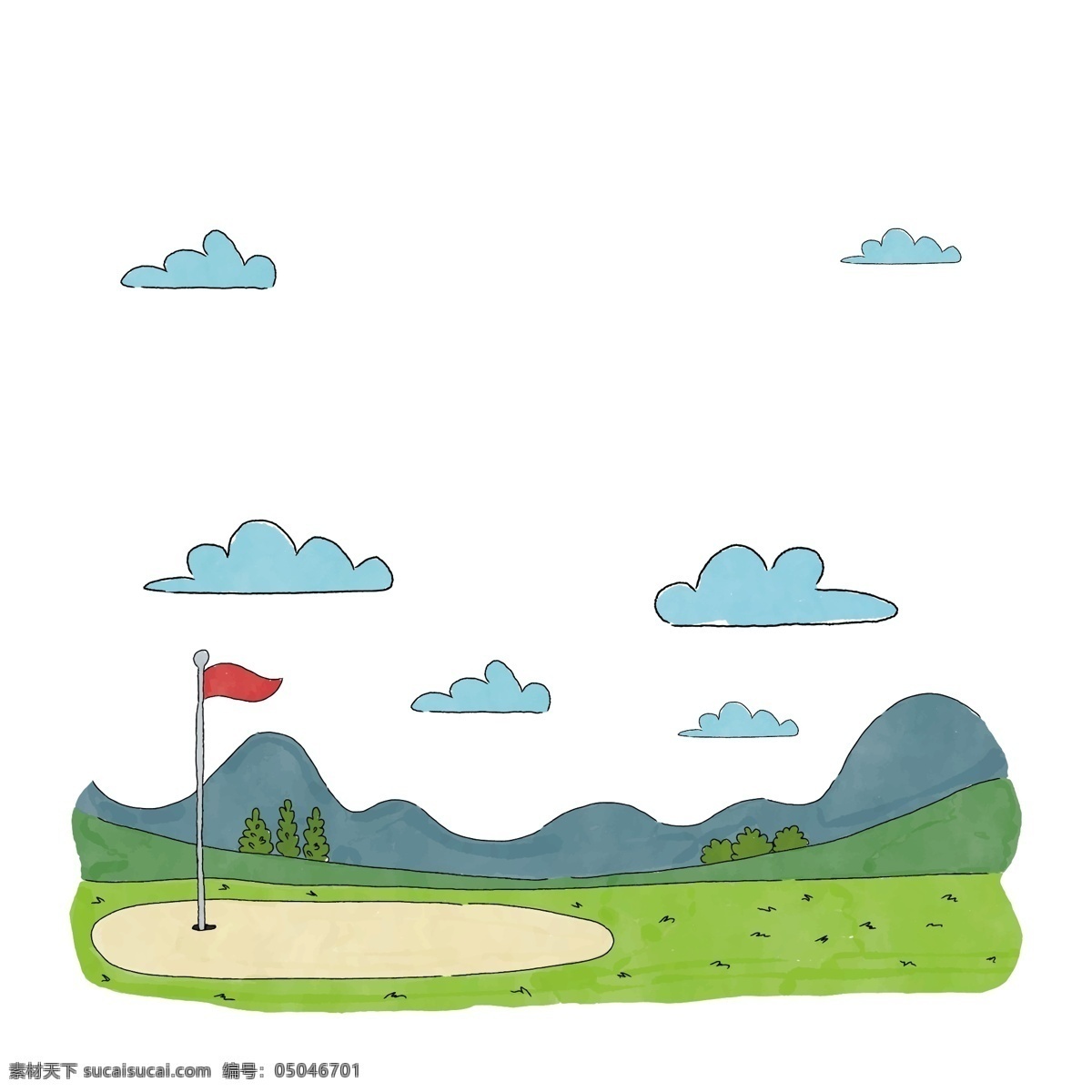 手绘 高尔夫 空地 矢量 高尔夫球场 球场 红旗 红烧旗帜 旗帜 手绘球场 手绘的球场 青青草地 草地 手绘草地