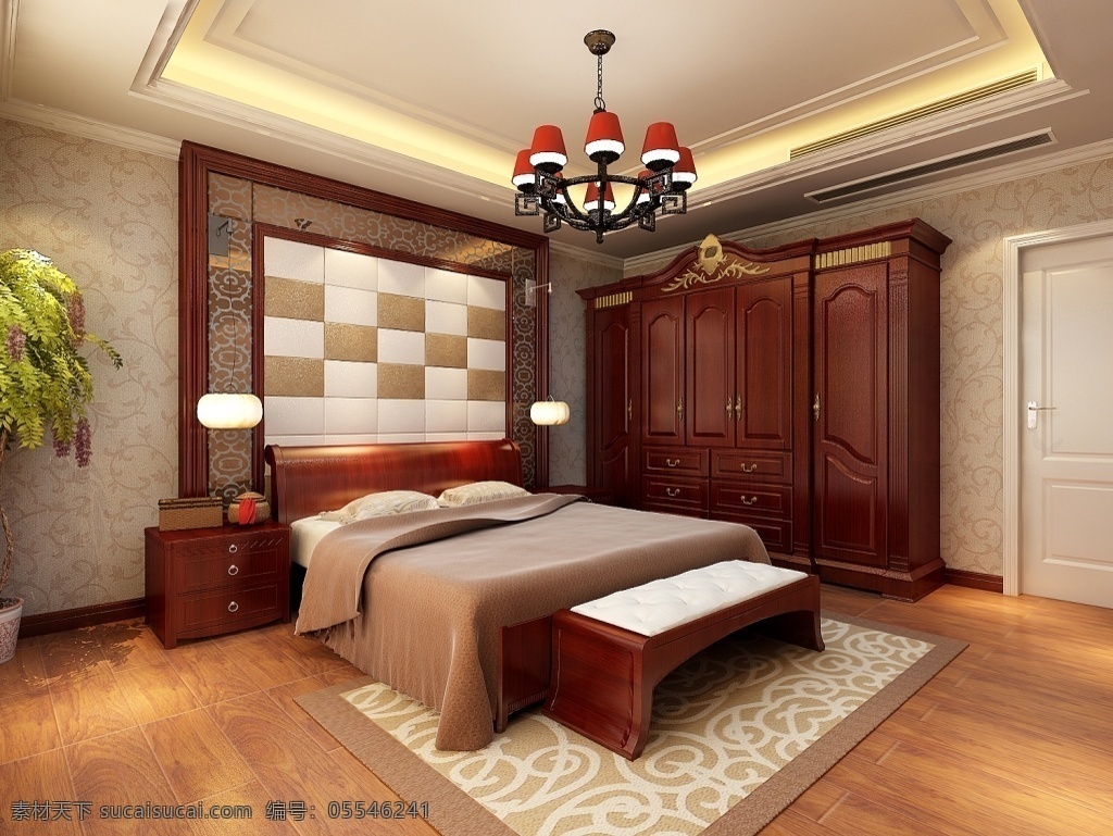 卧室 模型 3d模型 灯具模型 室内设计 双人床 max 棕色