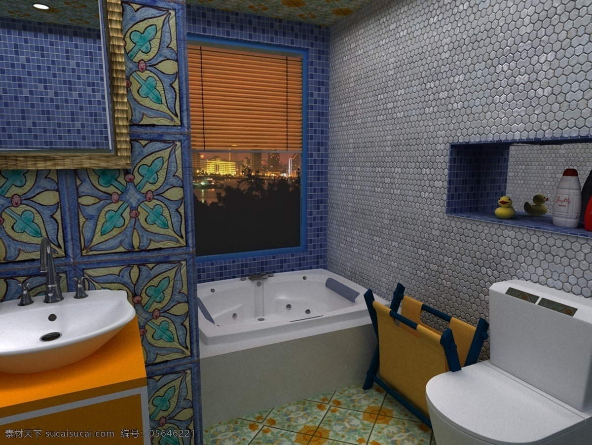 2017 年 撞 色 小 户型 卫生间 室内 效果图 地中海 蓝色 室内设计 小户型 布局 全面 撞色 马赛克 瓷砖