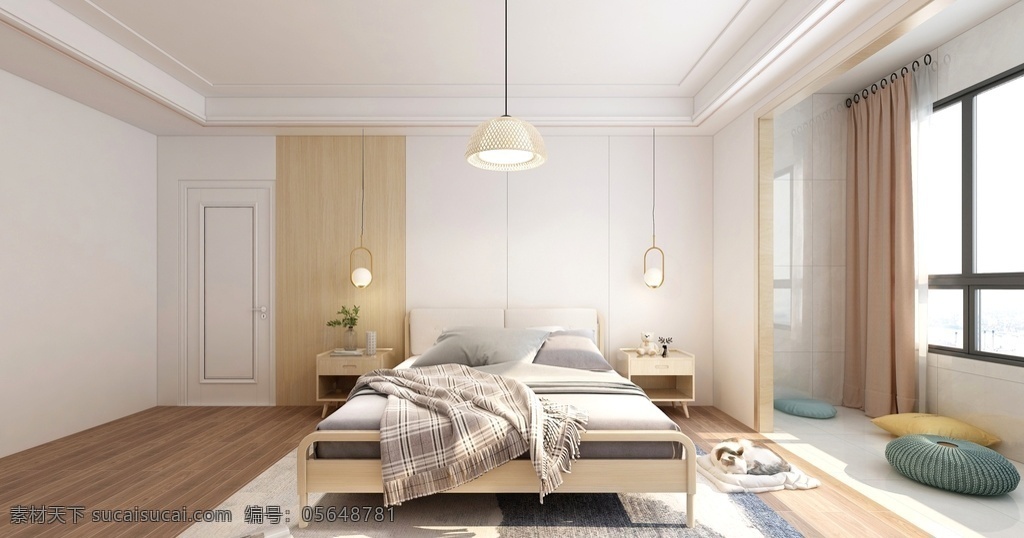 卧室 效果图 日式风格 床头背景墙 高清大图 原木风格 床 灯具 3d设计 3d作品