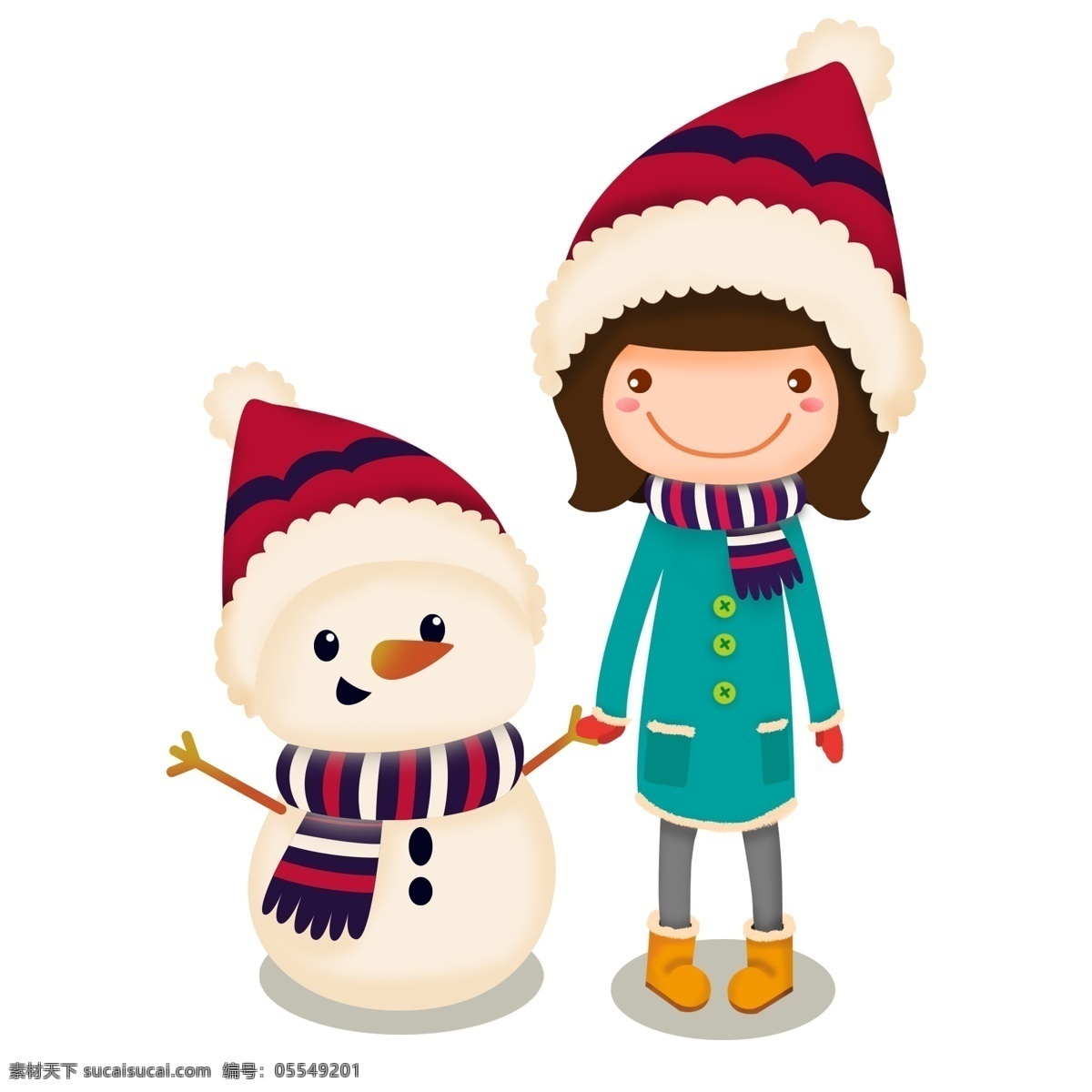 可爱 卡通 女孩儿 雪人 冬季 插画 好朋友 手绘素材 可爱女孩 圣诞服装 小清新 冬季物语 玩耍