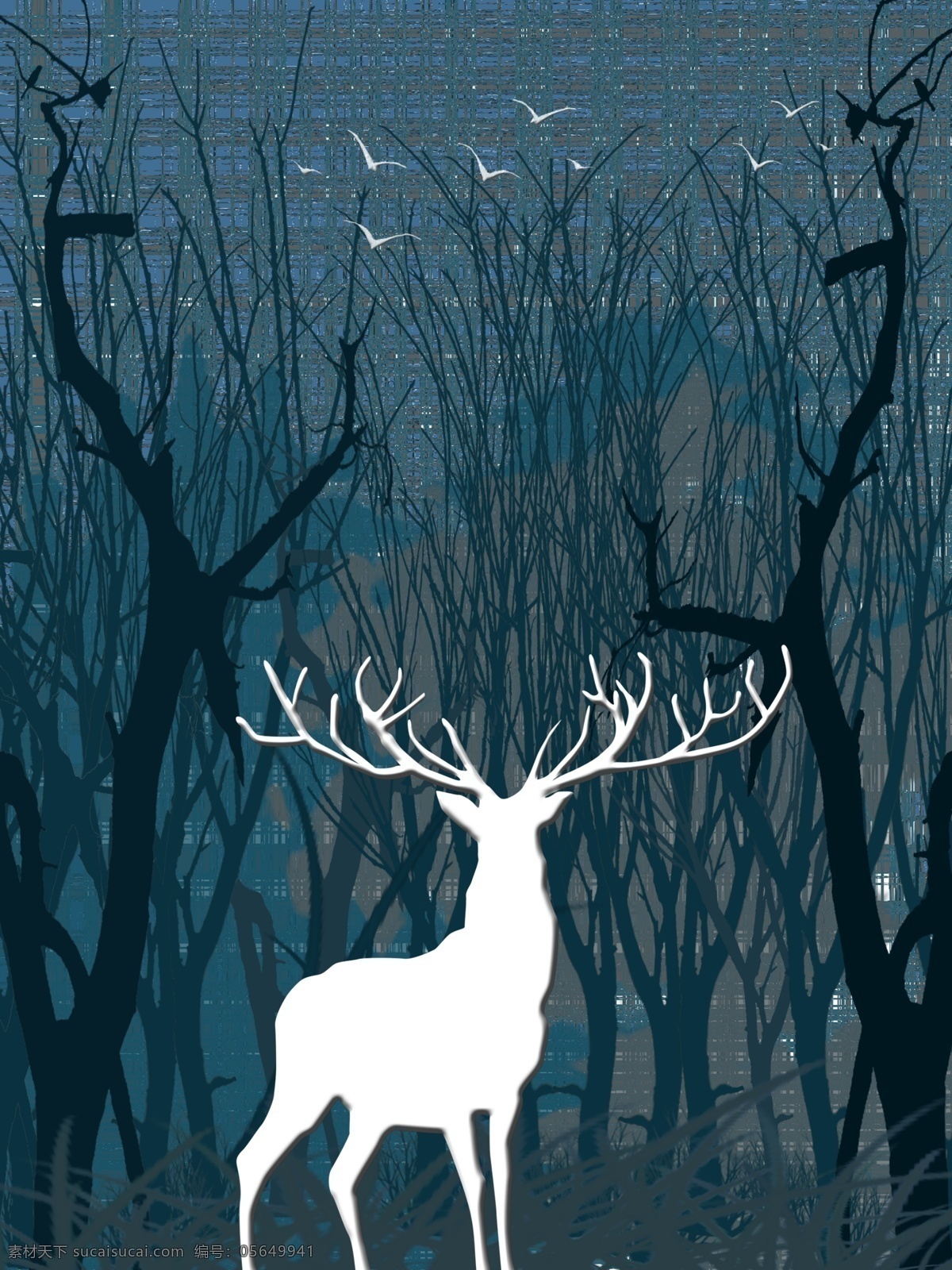 现代 风格 深山 丛林 麋鹿 客厅 装饰画 现代风格 深蓝肌理 树枝 一联画