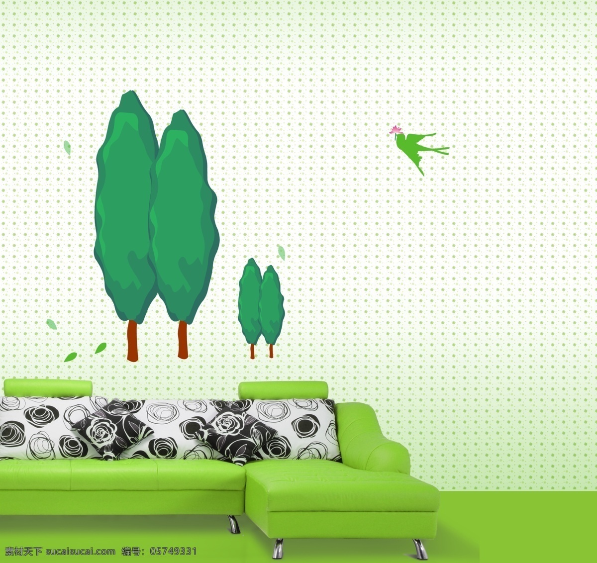 春天 气息 春天的气息 花纹 环境设计 沙发 室内设计 树木 树叶 源文件 飞鸟剪影 壁纸墙贴 psd源文件
