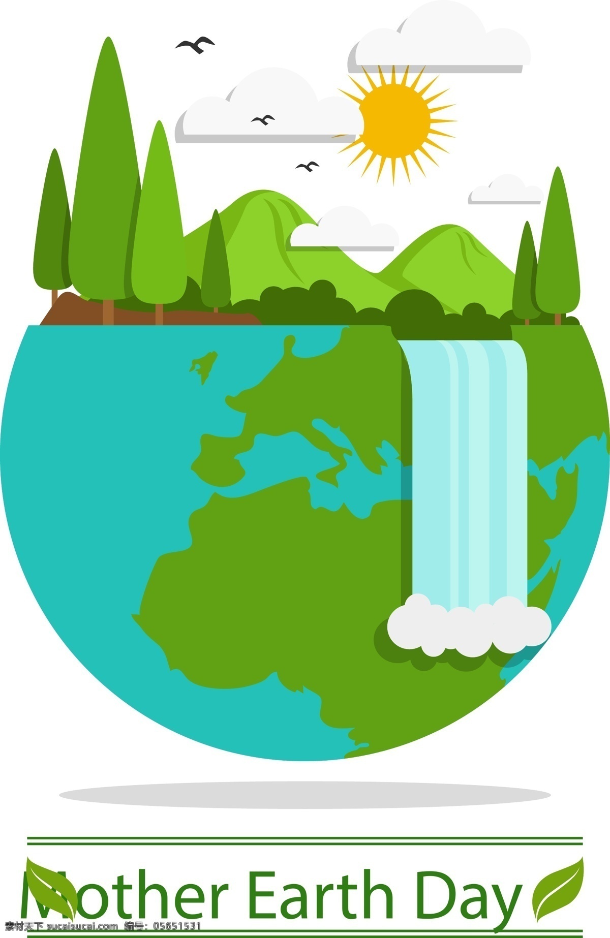 地球日 卡通 元素 创意世界 世界地球日 鸟 云朵 树木 草地 太阳 树叶 自然 瀑布 风景 环保海报 提高环境意识 环境保护 保护环境 公益宣传 善待地球 保护资源环境 美好家园 爱护地球 绿色 4月22日