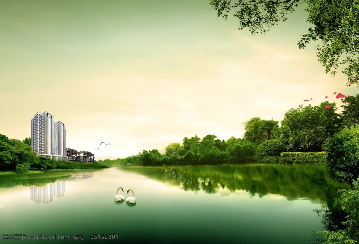 花园公园湖边 树枝天鹅 湖景 花园 公园湖边 树枝 天鹅 房地产水景 漂亮的水 河边 花瓣 水背景 建筑 楼房 树木 湖泊 房地产广告 广告设计模板 源文件