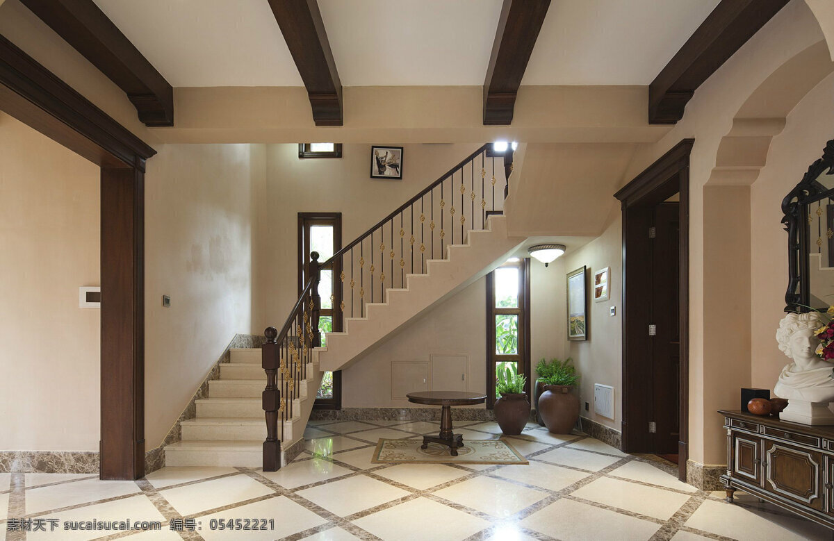 简约 客厅 格子 地板砖 装修 效果图 木质吊顶 楼梯入口 白色射灯 白色墙壁