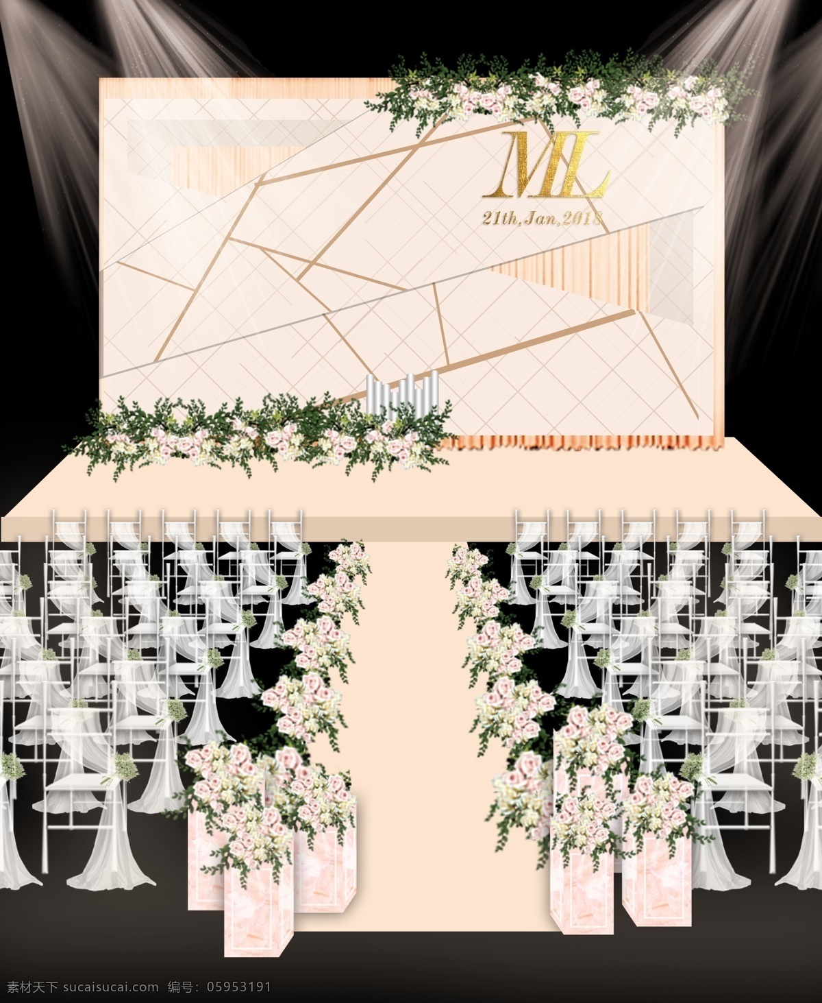香槟 婚礼 舞台 效果图 仪式 区 线条背景 粉色花艺 竹节椅 婚礼效果图