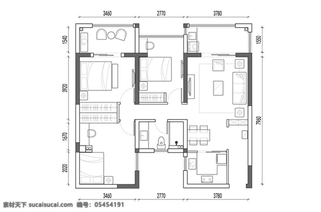 cad 三室 两 厅 高层 户型 方案 平面 多层 图 定制 居室 平面图 三室一厅 居室布局定制