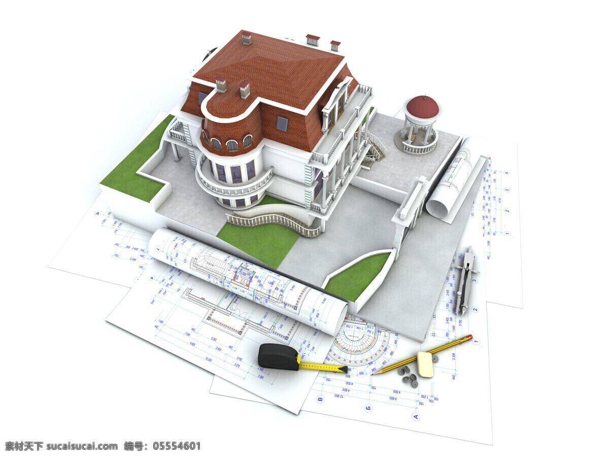 图纸 别墅 模型 别墅模型 房屋模型 建筑模型 米尺 笔 建筑设计 环境家居