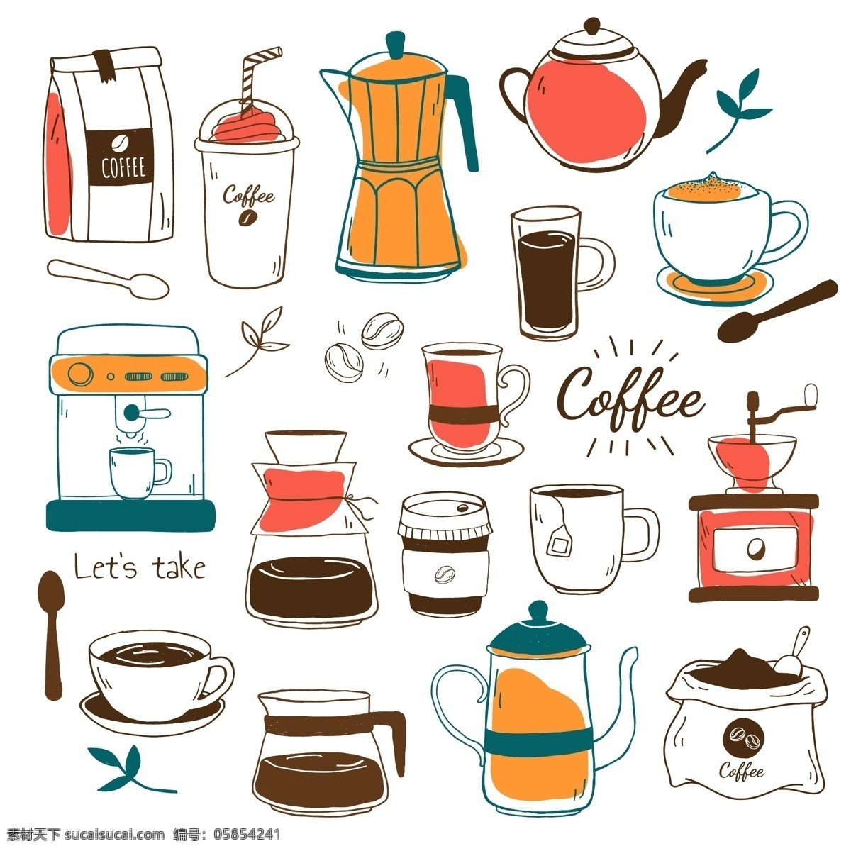 手绘咖啡图案 手绘 咖啡杯 咖啡 咖啡素材 餐饮 卡通 可爱 热咖啡 现磨咖啡 食品蔬菜水果 卡通设计