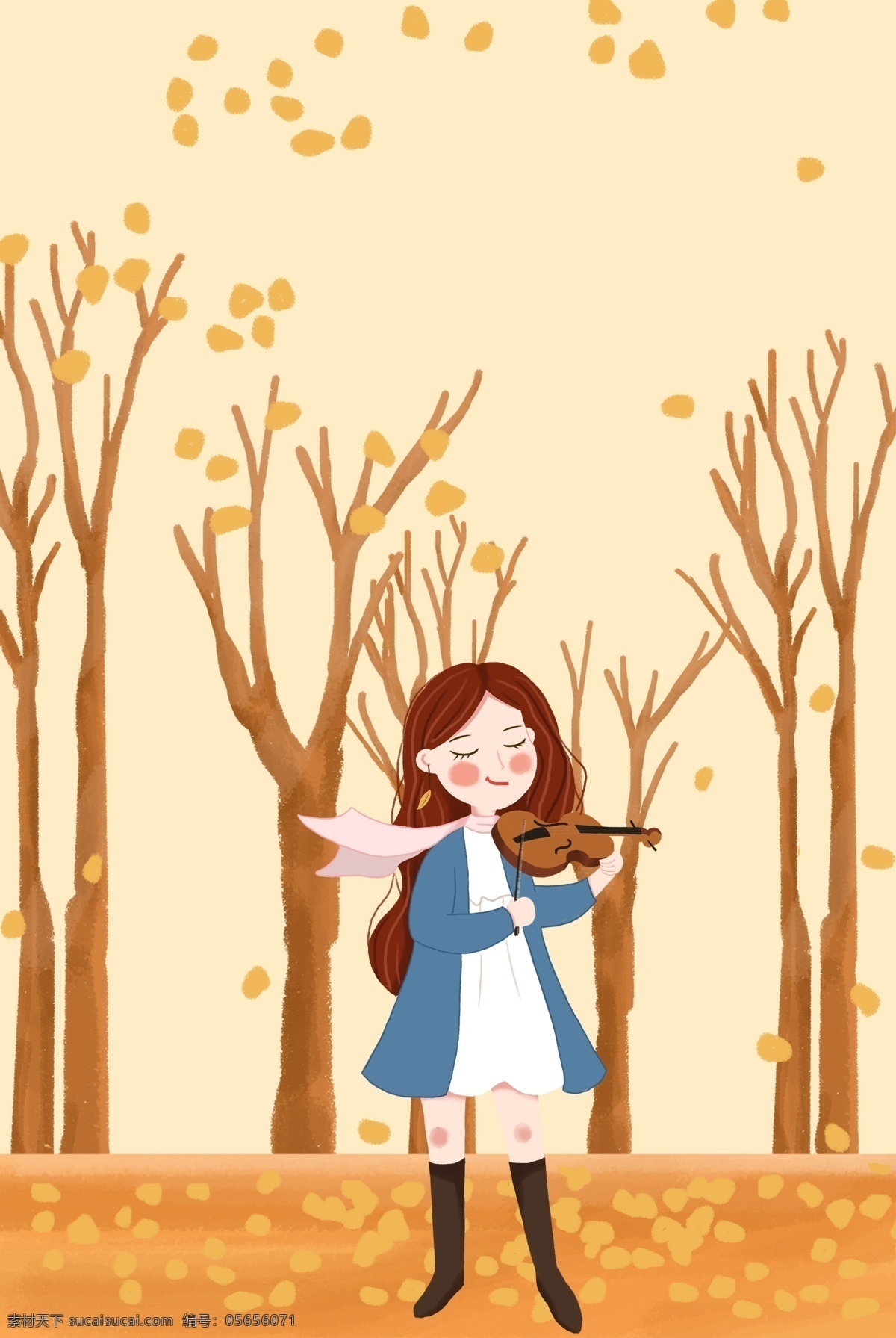 二十四节气 之秋 分 女孩 树林 里拉 小提琴 海报 秋分 落叶 秋天 手绘 简约 卡通 浪漫 音乐 背景