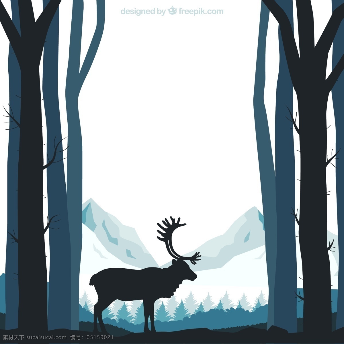 森林 中 驯鹿 剪影 矢量图 山 风景 树木 白色