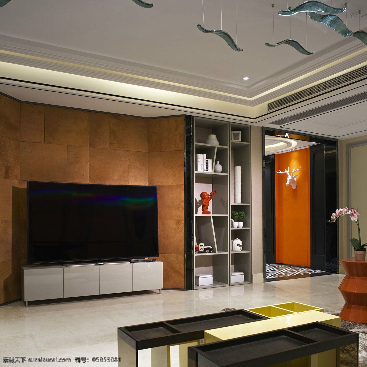 现代 时尚 客厅 褐色 背景 墙 室内装修 效果图 白色地板 客厅装修 黑色茶几 浅色衣柜