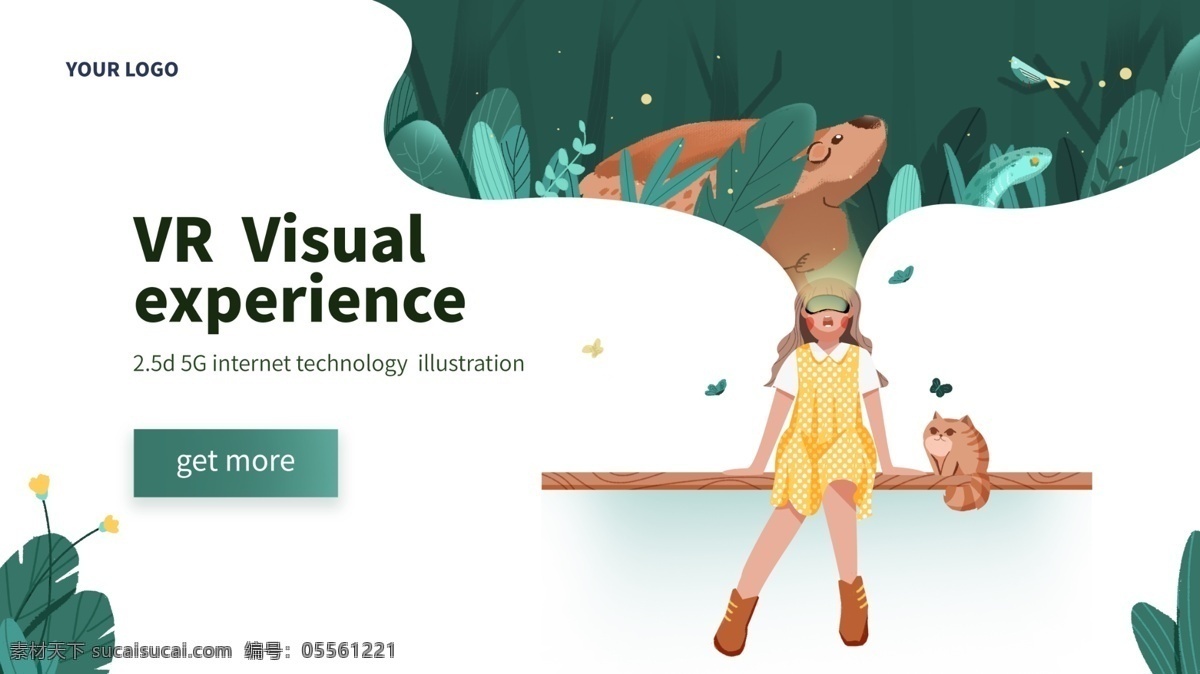 vr 虚拟 大自然 场景 互联网 网页配图 绿色 猫 小女孩