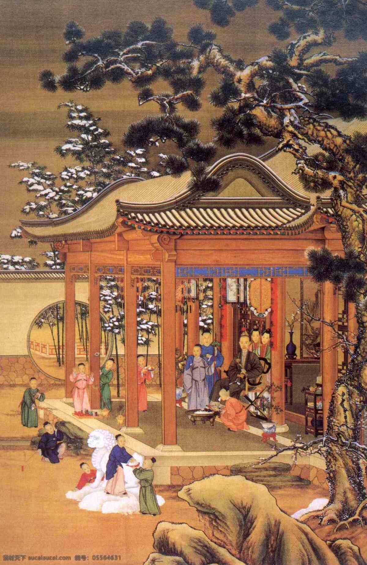 郎世宁 弘 历 雪景 行乐 图 轴 松树 古代 书画 亭子 围墙 梅花 绘画书法 文化艺术