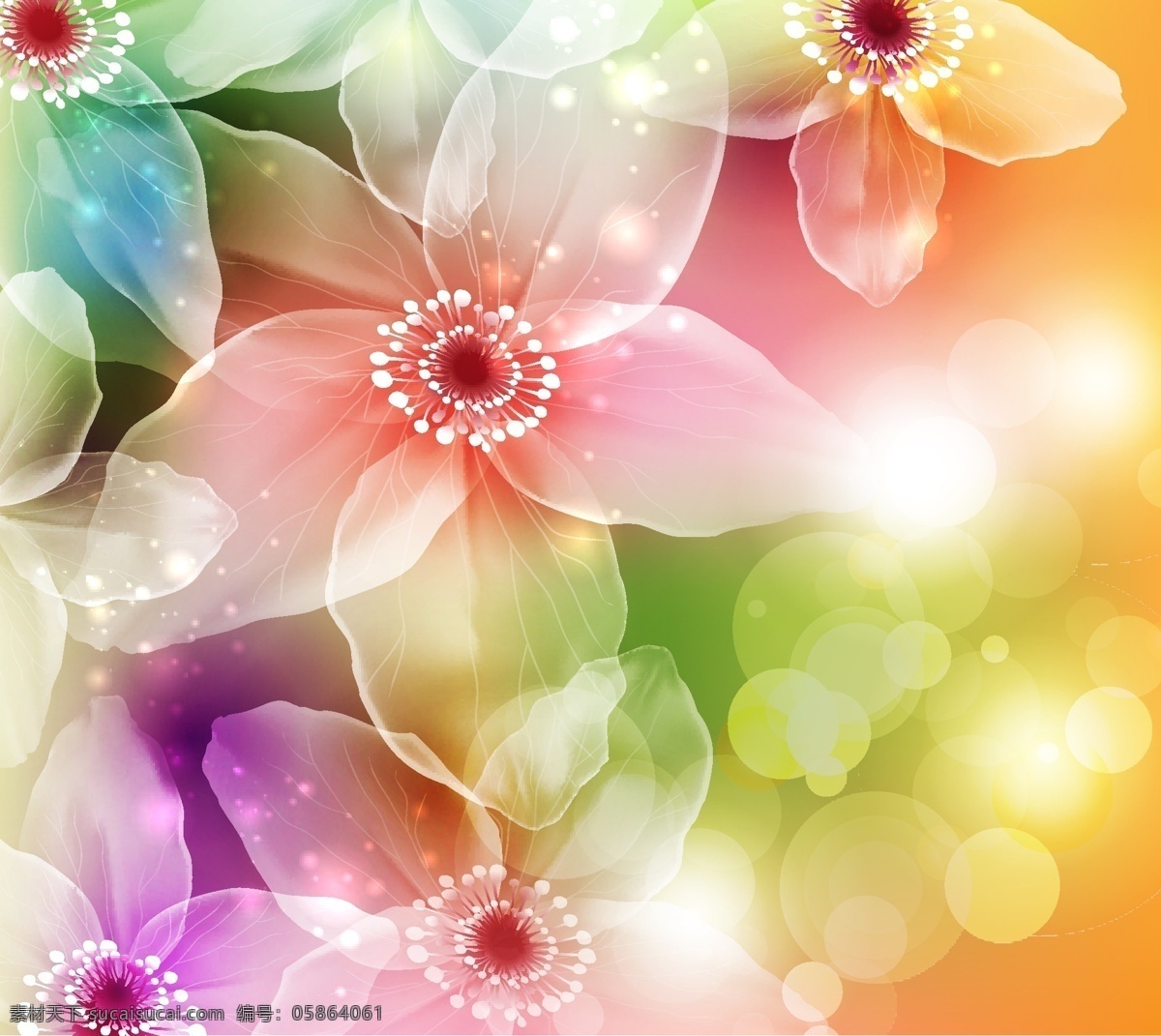 梦幻 中 美丽 花朵 矢量 淡彩光晕 洁白 透明的花朵 闪光的花卉 彩色的梦幻 光感矢量素材 底纹边框 抽象底纹