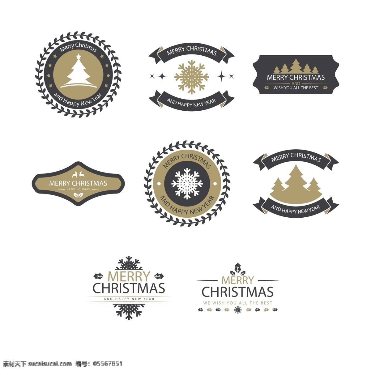 创意 英文 圣诞节 标签 雪花 矢量素材 圣诞树 驯鹿