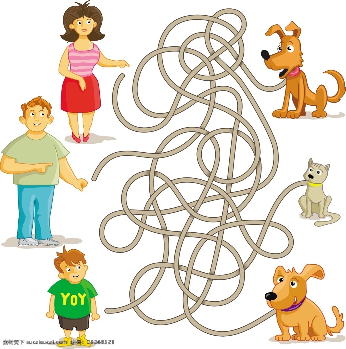 卡通人物 绳子 狗 动物 儿童 宠物 手绘 人物矢量素材 妇女女性 矢量人物 矢量