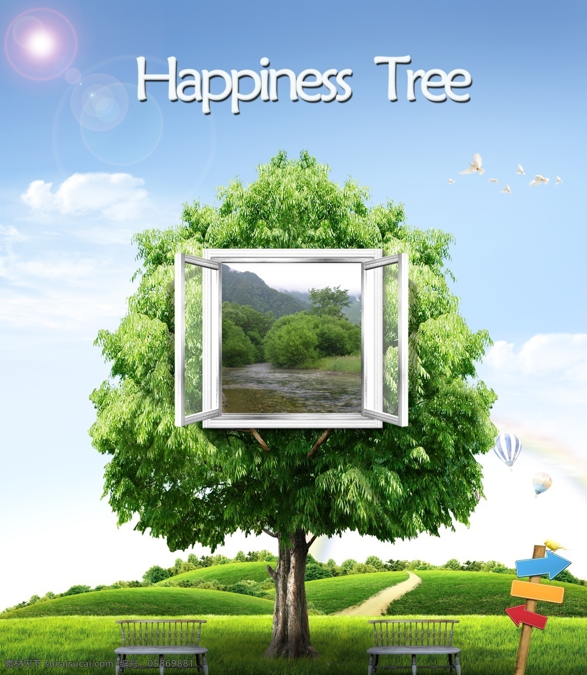 happiness 广告设计模板 箭头 树 幸福树 阳光 椅子 tree 海报 模板下载 tree海报 源文件 矢量图 其他矢量图