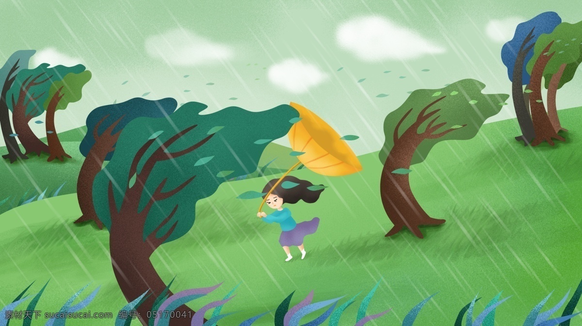 原创 手绘 插画 成语故事 狂风暴雨 雨 草地 女孩 雨伞 手绘插画 成语 风 大风 大雨 山坡 山 树