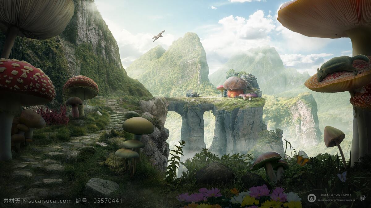 蘑菇 森林 幻想 插画 蘑菇森林 蘑菇树 山 山谷 大山 文化艺术 绘画书法