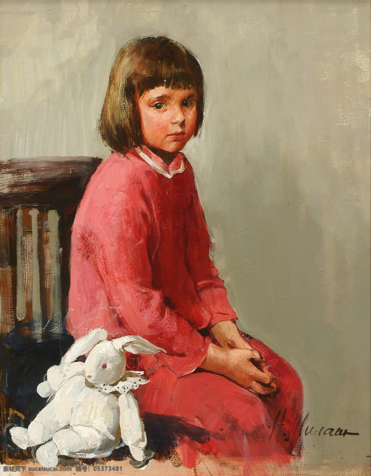 坐在 椅子 上 小女孩 小 兔子 油画 坐在椅子上 小兔子 绘画 文化艺术 世界名画 书画文字