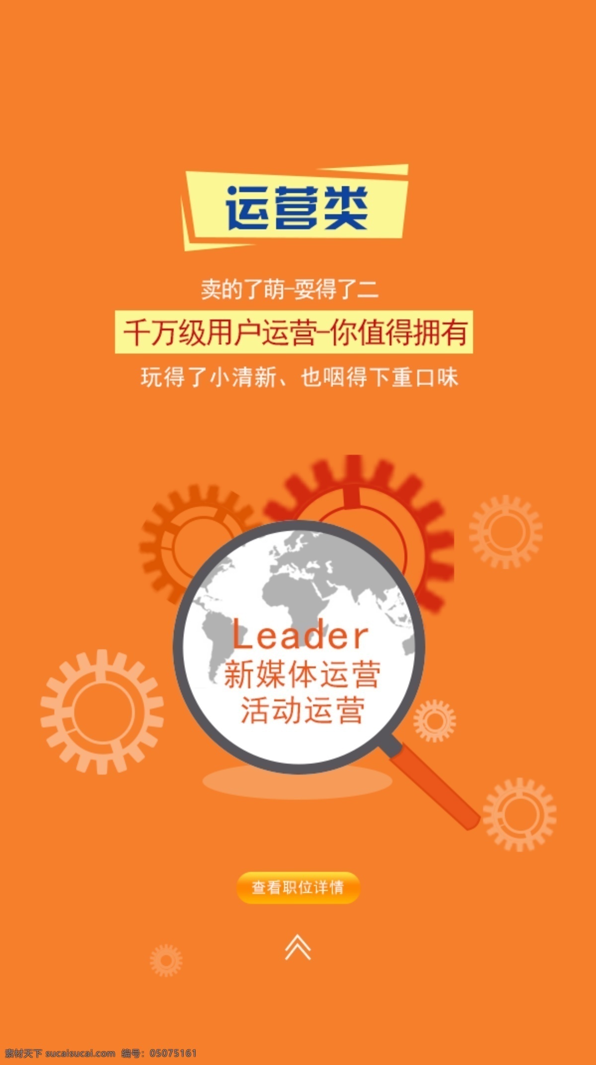h5招聘系列 运营招聘 橙色 齿轮 地图 世界地图 放大镜 立体按钮