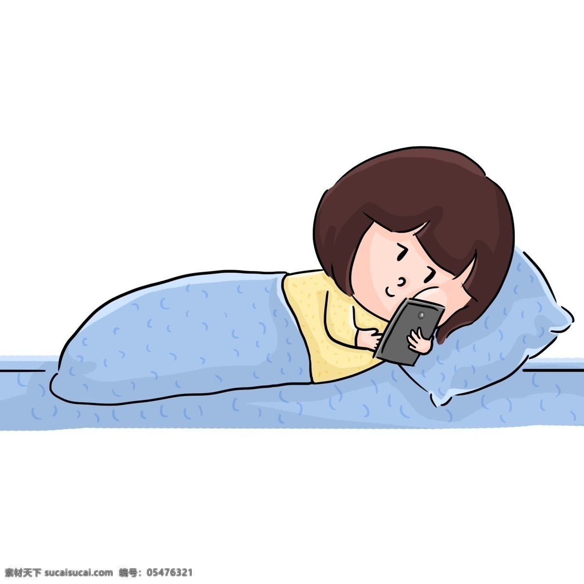躺 床上 刷 手机 的卡 通 女孩 晚安 睡觉 朋友圈 看手机 手绘 卡通 娃娃 头 蓝色被子 刷微信