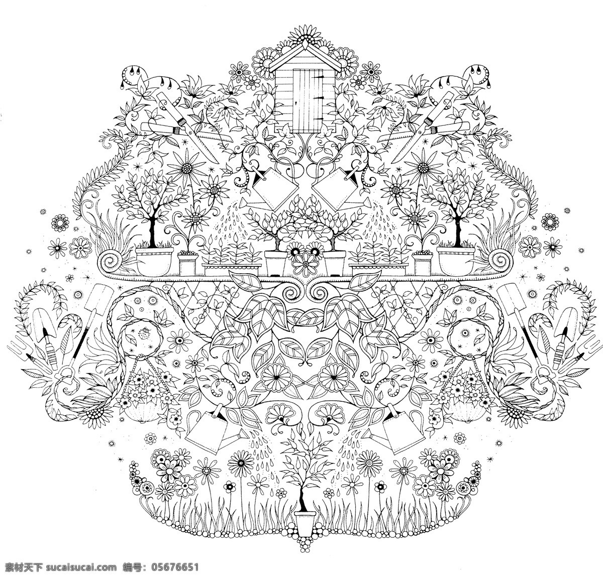 秘密花园 手绘本 动植物图 素描图 秘密 黑白 文化艺术 绘画书法