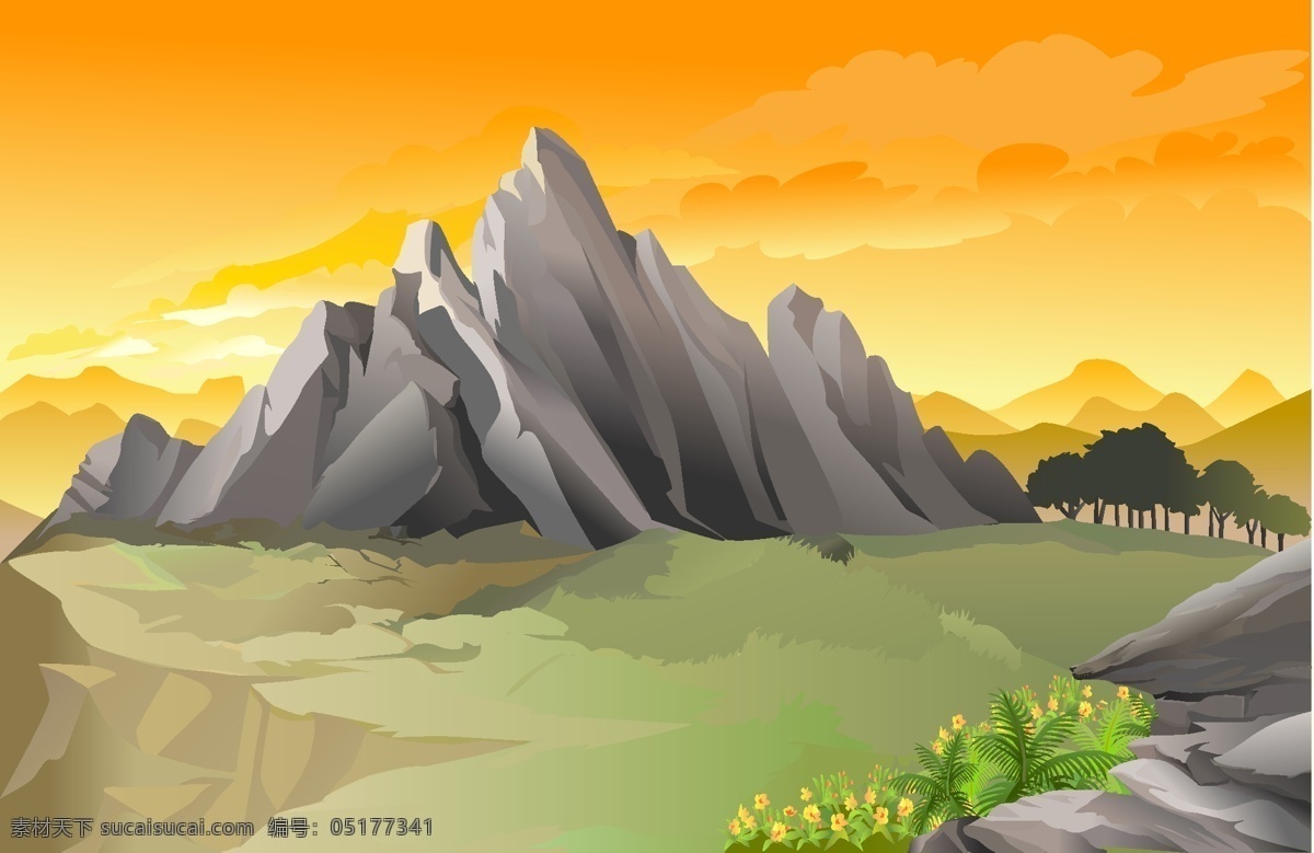 美丽 山坡 风光 风景画 清新 山 矢量素材 树 自然 矢量图 其他矢量图