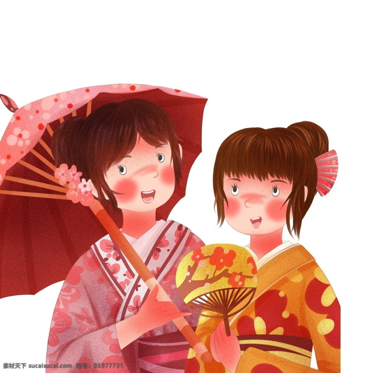 彩绘 两个 穿着 和服 日本 女子 插画 人物 女性 女人 油纸伞 樱花节 春季