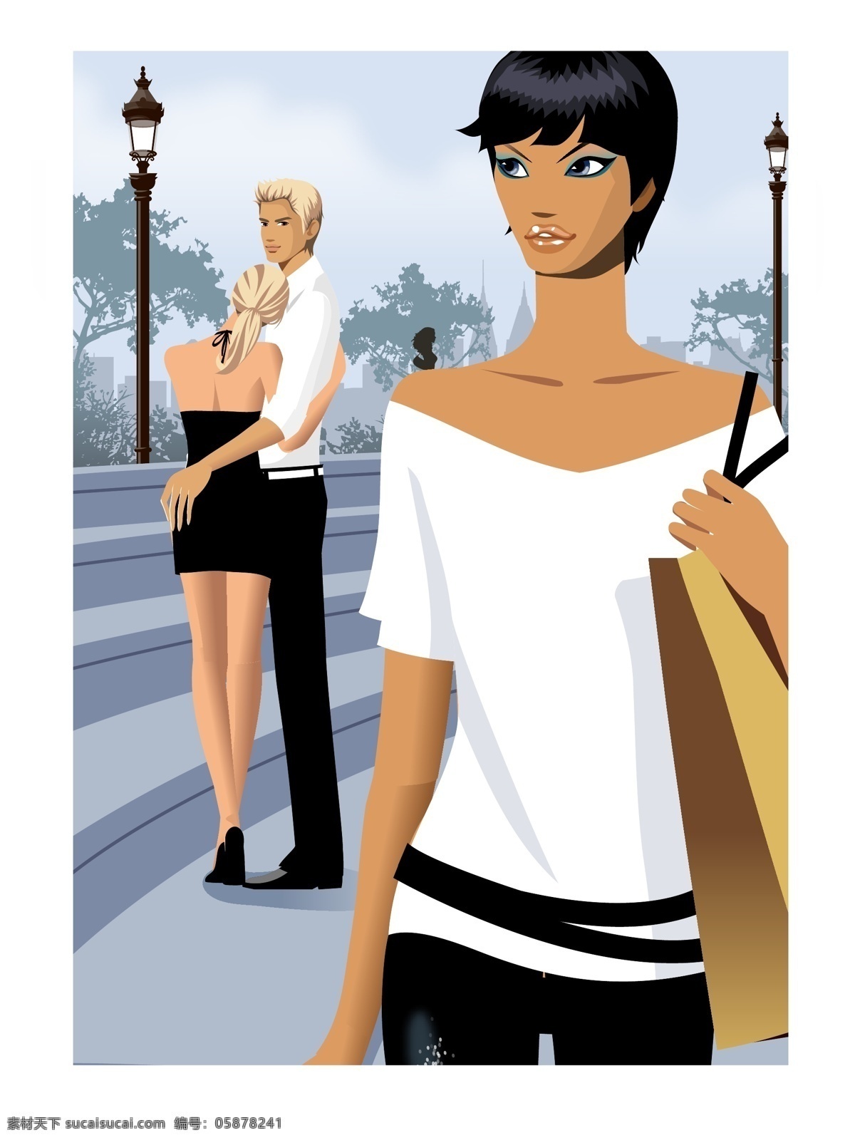 插画 美女 街道 路灯 男孩 男人 女孩 情侣 人物 手提袋 性感美女 海报 其他海报设计