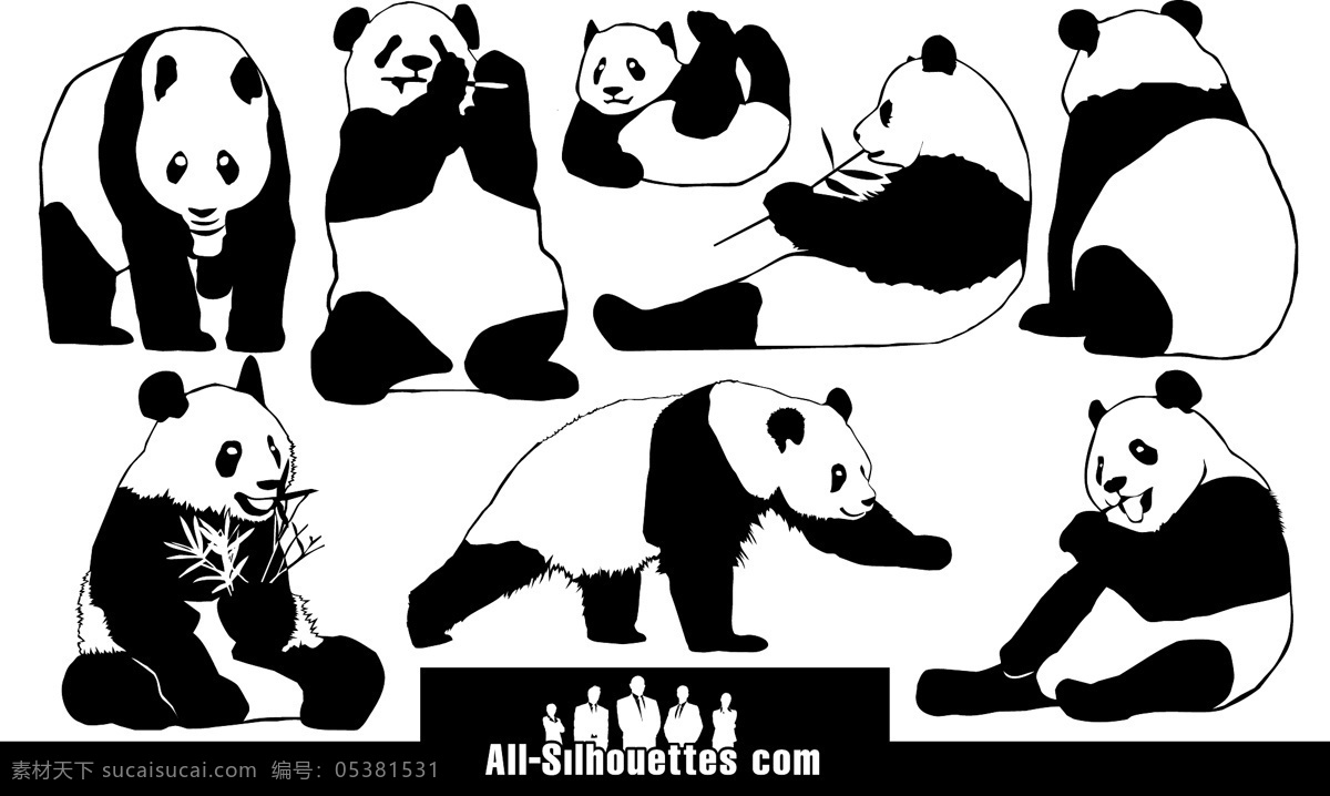 熊猫 元素 矢量 装饰 图案 集合 矢量熊猫 卡通熊猫 熊猫元素 熊猫装饰 熊猫图案 真实熊猫 剪影 黑白 描边熊猫