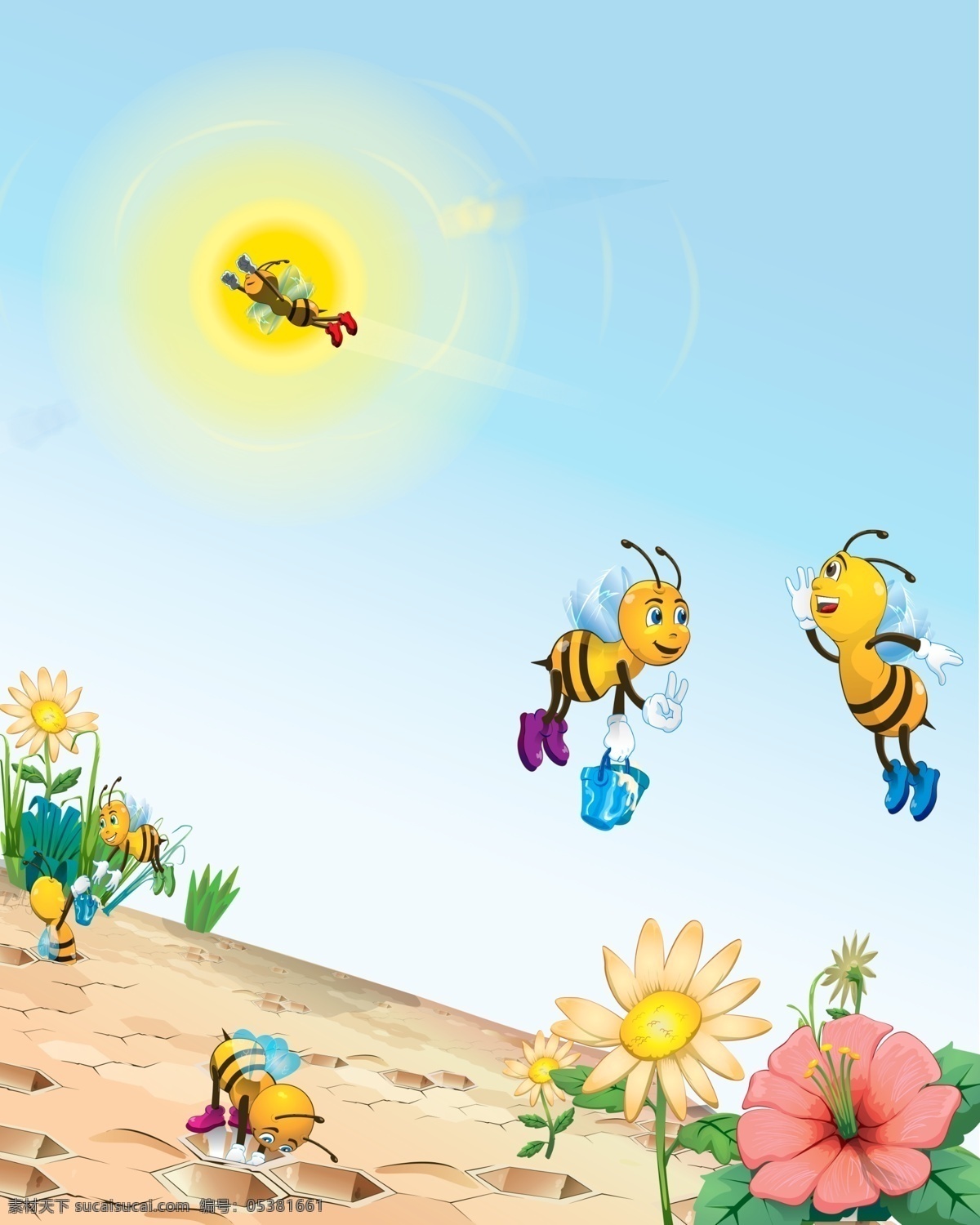 两只小蜜蜂 小蜜蜂 卡通 风景 太阳花 卡通花 蜜蜂采花 蜜蜂酿蜜 蜂窝 移门 花 移门图案 广告设计模板 源文件