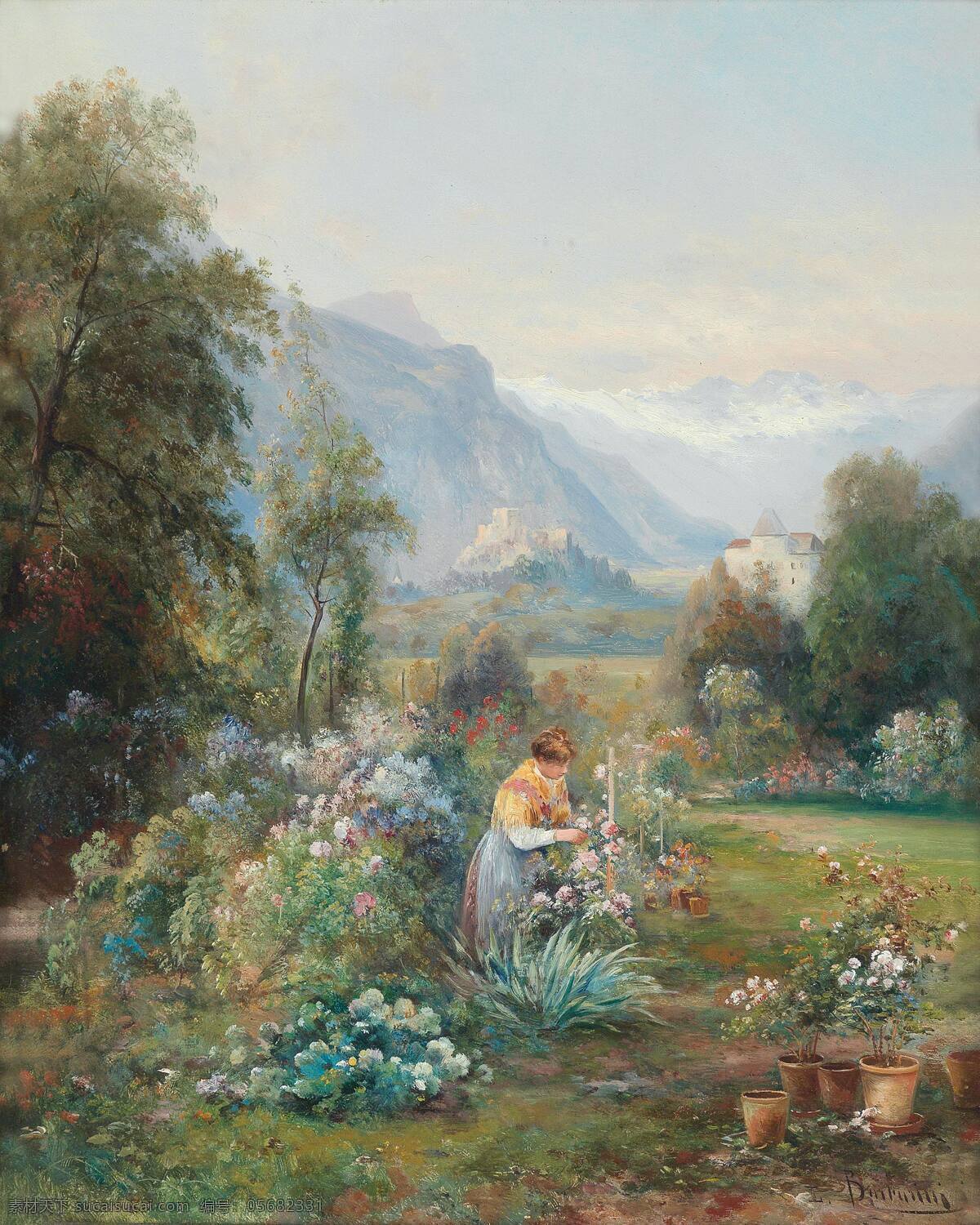 春分 露天花园 妇人 整理花草 远处雪山 19世纪油画 油画 文化艺术 绘画书法