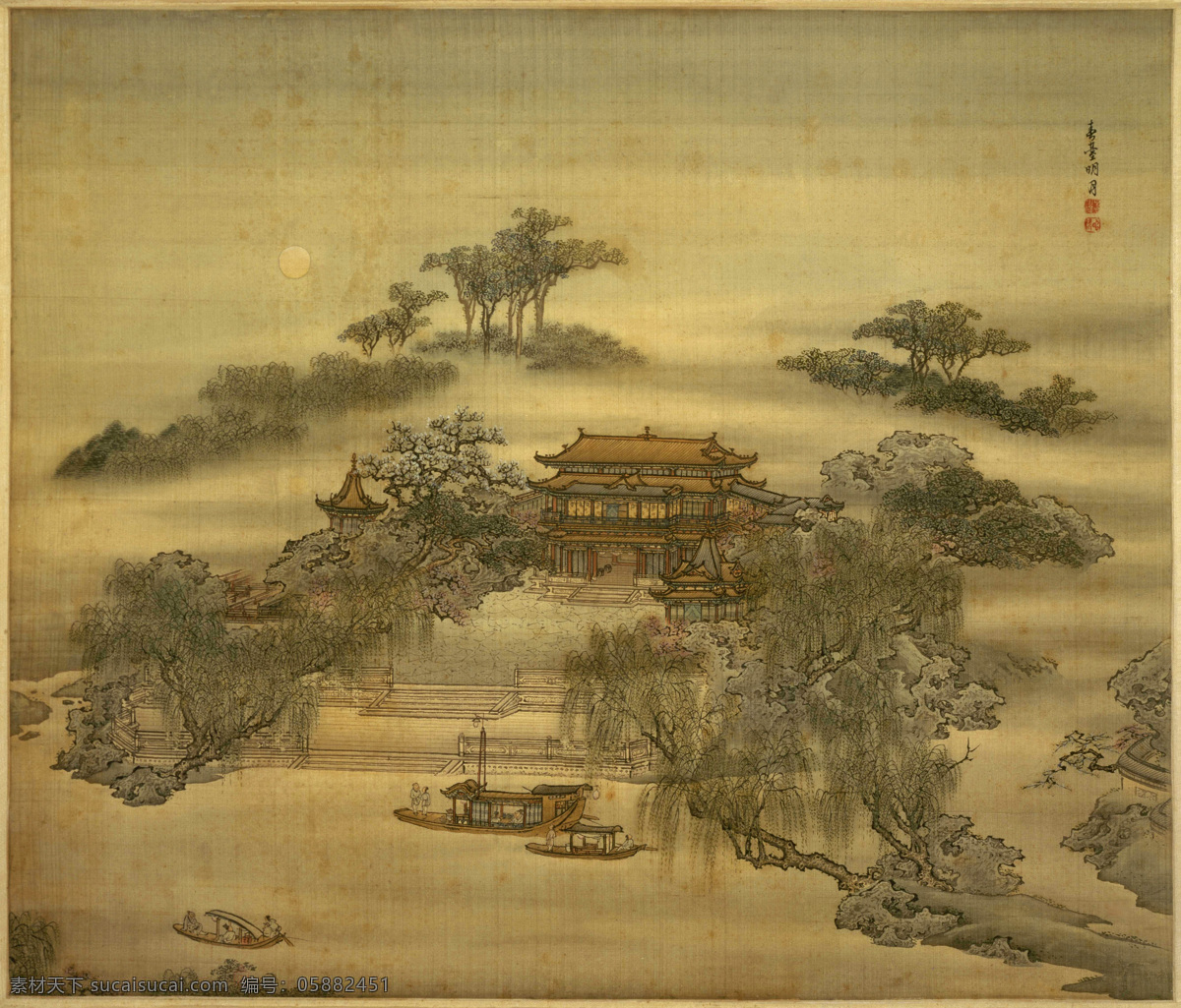 雕梁画栋 工笔 古典 古画 国画 绘画书法 梨花 柳树 春台明月 古画设计素材 古画模板下载 云雾 山石 桃花 杂树 亭台楼阁 院落 围墙 水泊 木船 游艇 行人 游客 清代 袁耀 界画 山水 高清古画 文化艺术 风景 生活 旅游餐饮