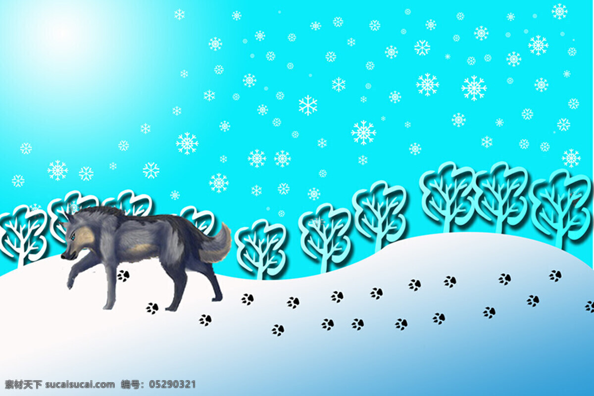 孤独 狼 行走 冰冷 雪地 上 钢笔 渐变 雪花 背景图片
