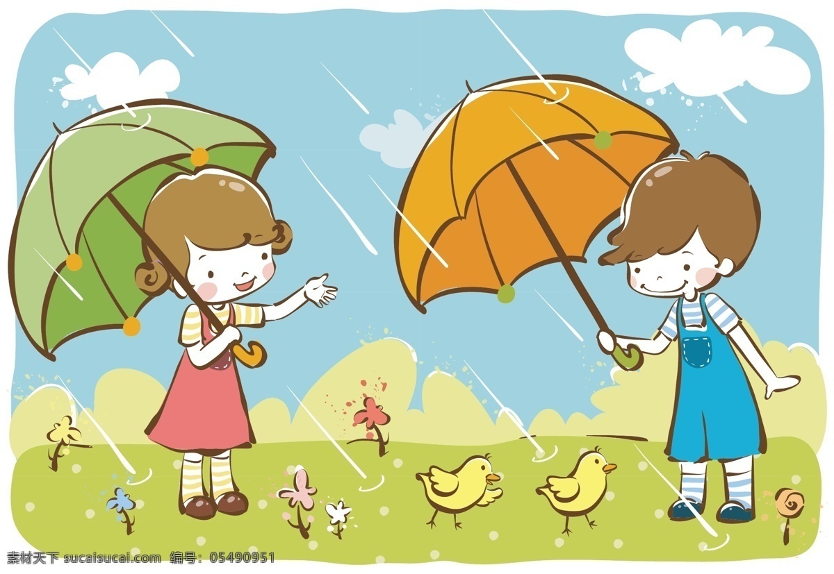 下雨了 矢量 儿童 男孩 女孩 小鸡 雨伞 下雨 雨滴 背景 矢量素材 儿童幼儿 矢量人物