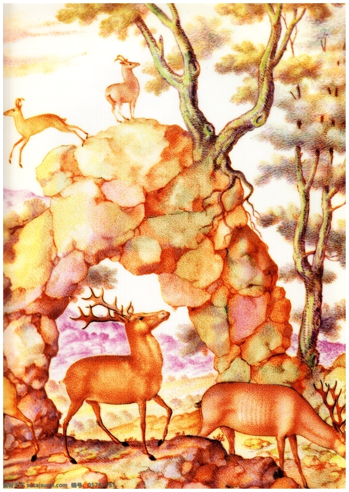 森林动物 风景油画 小鹿 小鹿觅食 狩猎 石墙 大树 装饰画 挂画 无框画 墙壁挂画 油画集二 绘画书法 文化艺术