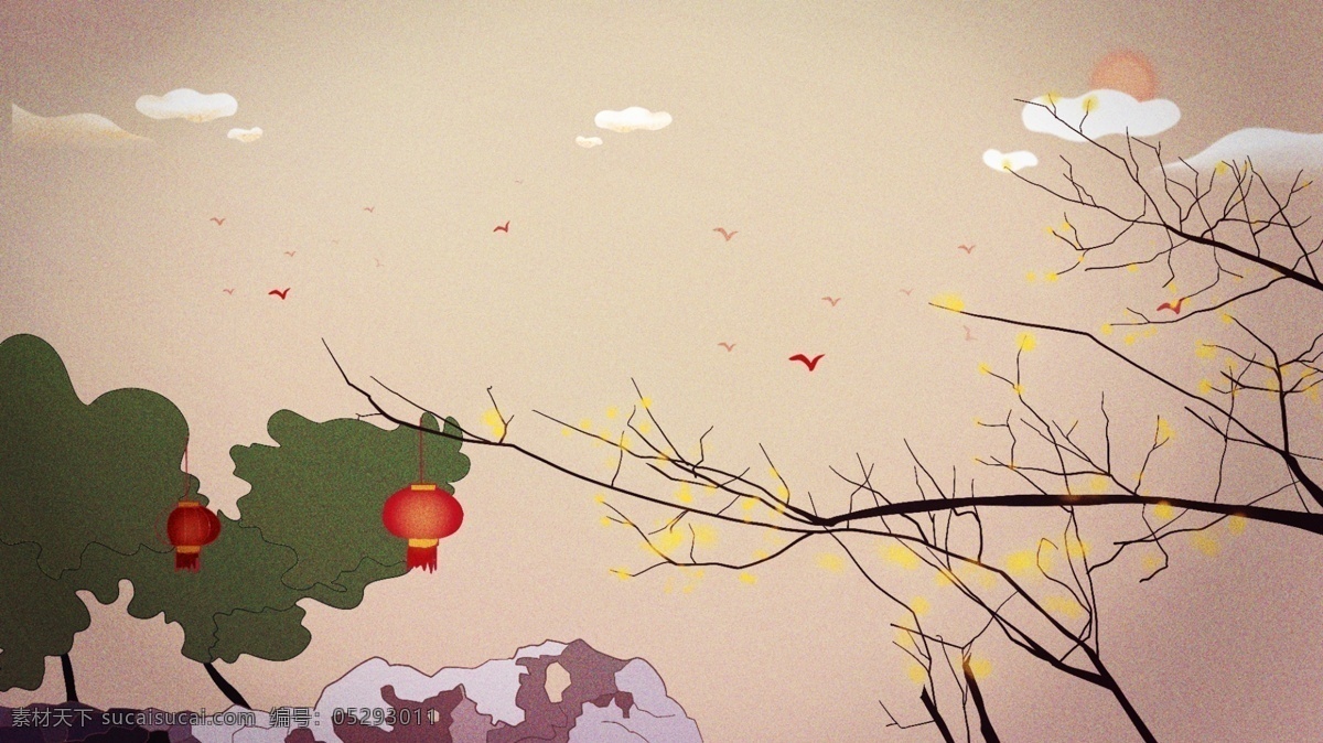 十一月 灯笼 树枝 雪山 背景 大树 简约 海报背景 唯美 云朵 色彩背景 水彩背景 冬季素材