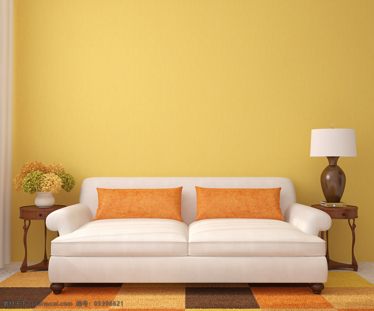 黄色 墙壁 前 沙发 黄色墙壁 台灯 家具 地毯 室内设计 环境家居