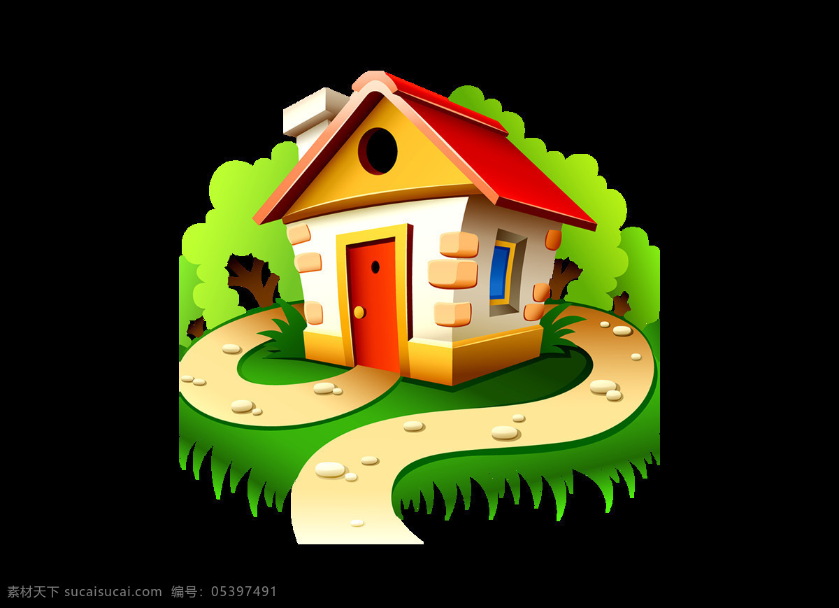 卡通 欧式 小屋 元素 建筑 房屋 绿树 草坪 png元素 免抠元素 透明元素