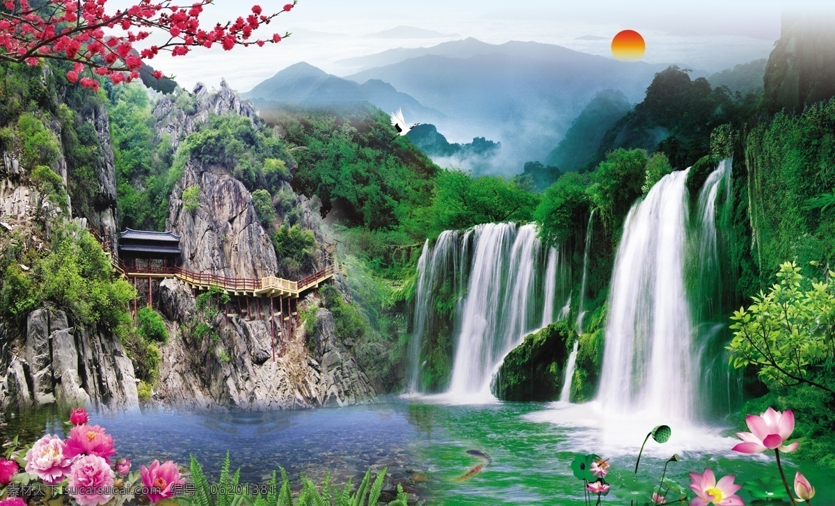 中堂 山水 瀑布 花卉 花 环境设计 家居设计