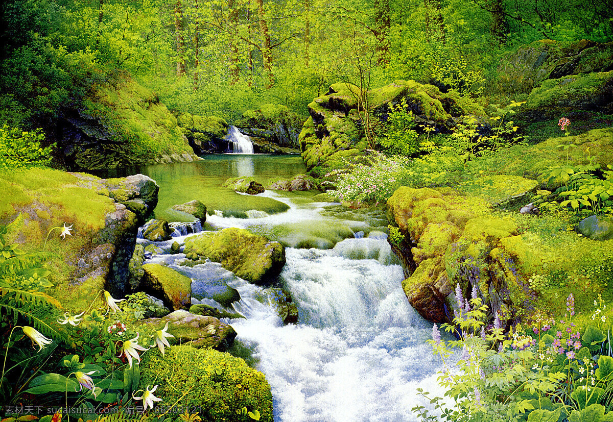 山涧溪流 油画风景 溪流 流水 野花 野草 山水风景 山林 文化艺术 绘画书法