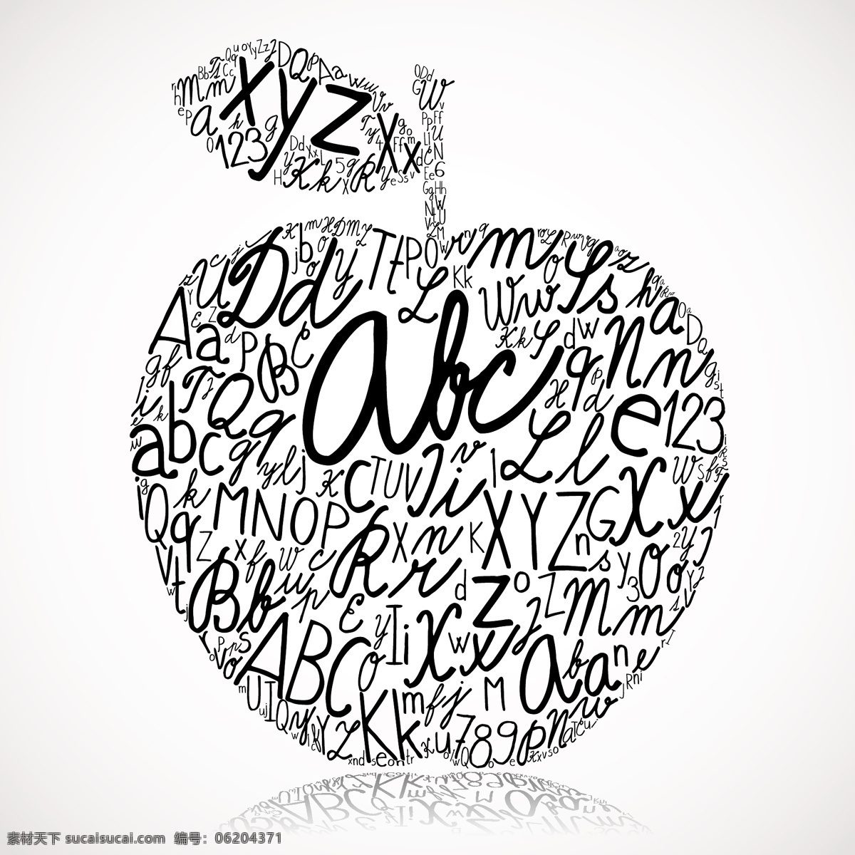 苹果字母拼贴 字体设计 抽象 图形 创意 艺术 设计素材 矢量 苹果 拼贴 倒影 流行元素 底纹边框 矢量素材 白色