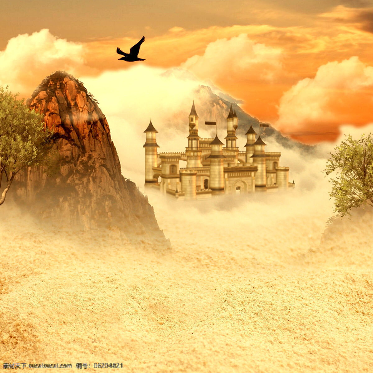 山中城堡 城堡 大山 山峰 绿松 老鹰 黄云 风景 云海 天空 树 沙地 自然风光 自然景观