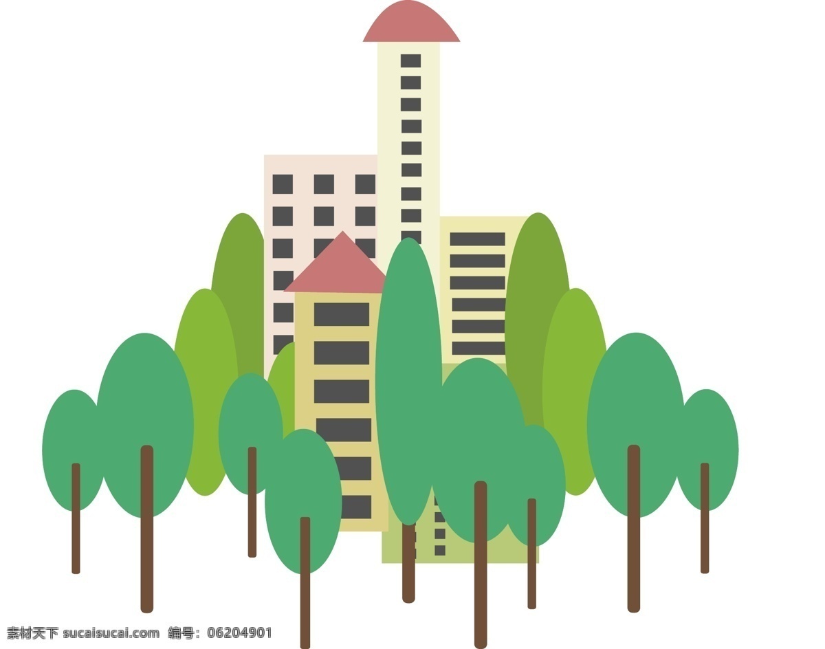 矢量 手绘 树林 建筑 卡通 树木 房子 厂房 立体 窗户 绿色 浅绿色 褐色 2.5d